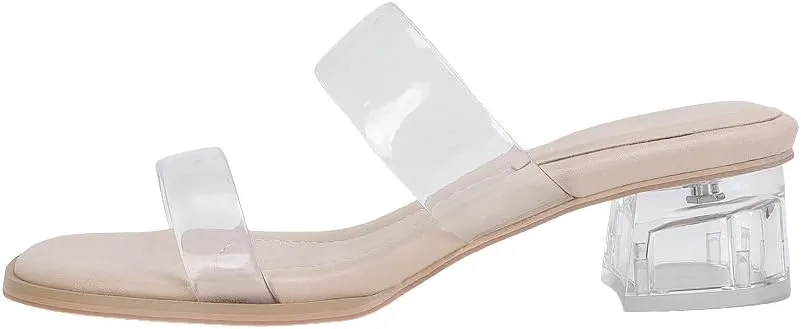 Women's Double Strap Clear Sandals Open Toe Slip On Mules Low Heel Transparent Sandals, Comfort Block Heels Clear Sandals for Women
