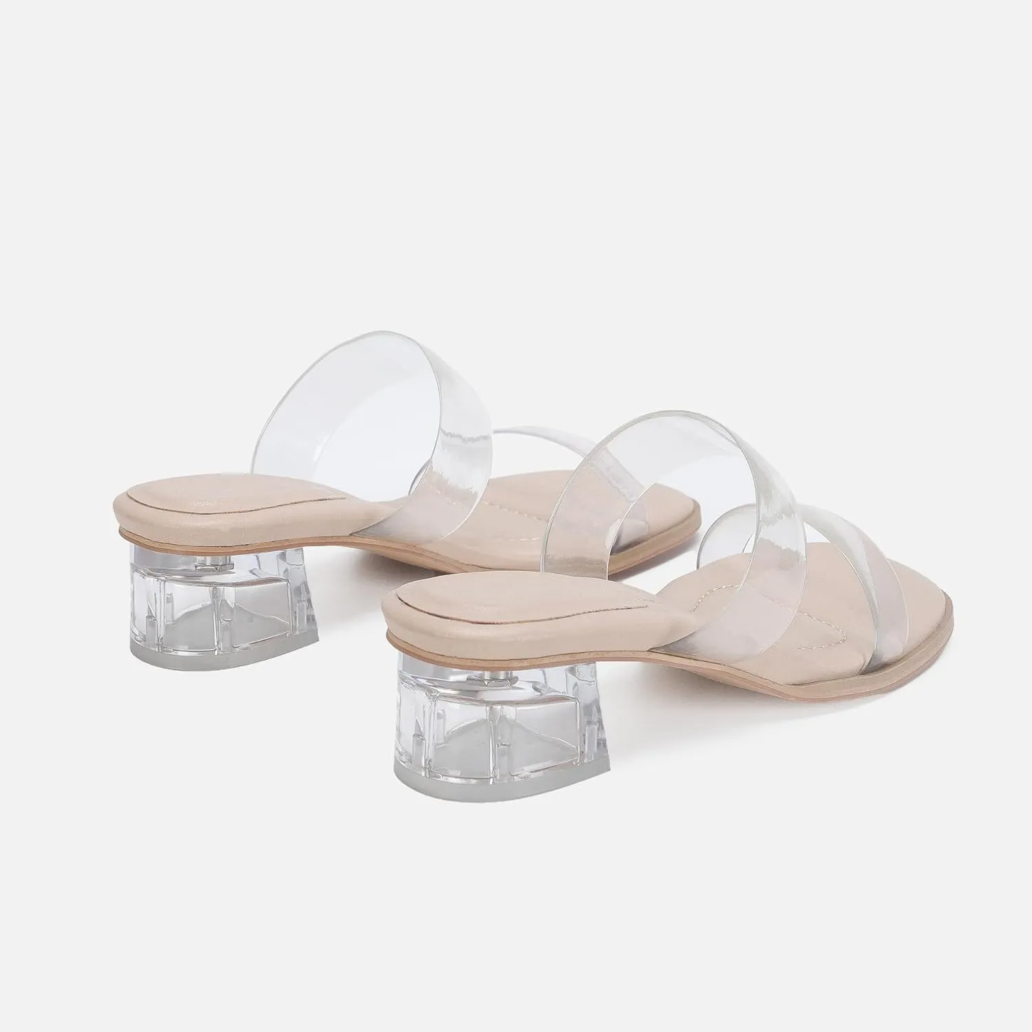 Women's Double Strap Clear Sandals Open Toe Slip On Mules Low Heel Transparent Sandals, Comfort Block Heels Clear Sandals for Women