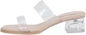 Women's Double Strap Clear Sandals Open Toe Slip On Mules Low Heel Transparent Sandals, Comfort Block Heels Clear Sandals for Women