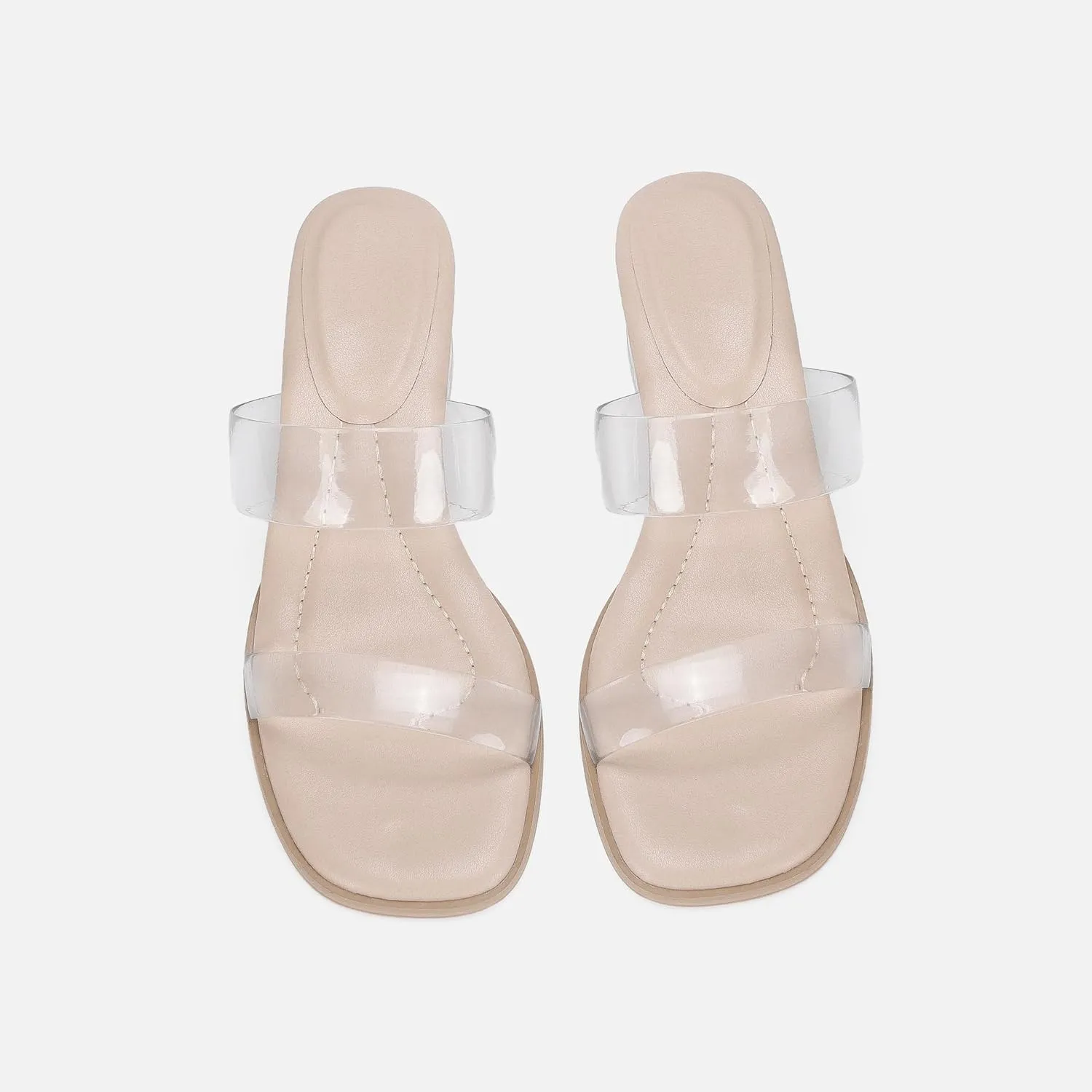 Women's Double Strap Clear Sandals Open Toe Slip On Mules Low Heel Transparent Sandals, Comfort Block Heels Clear Sandals for Women