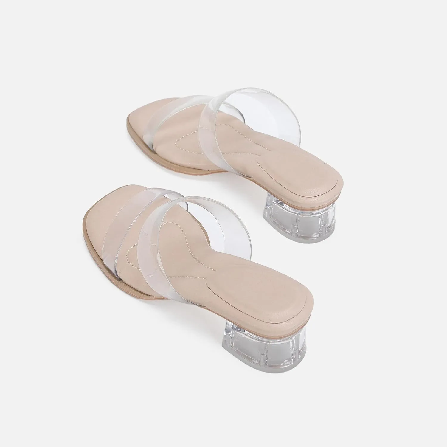 Women's Double Strap Clear Sandals Open Toe Slip On Mules Low Heel Transparent Sandals, Comfort Block Heels Clear Sandals for Women