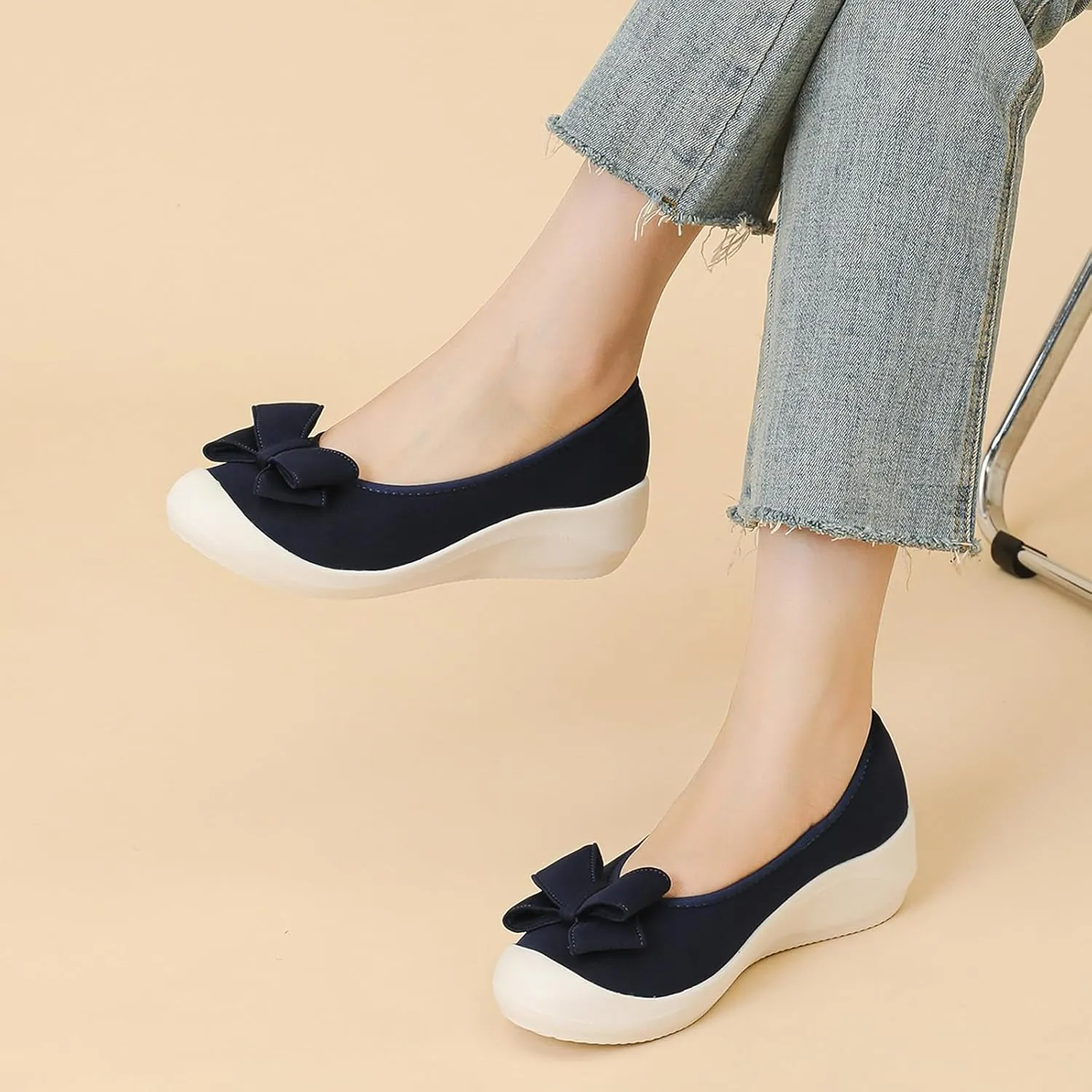 Women's Elasticity Knit Bow Knot Wedge Orthopedics Loafers Lightweight Breathable Round Toe Backless Soft Sole Platform Comfortable Slip On Casual Dressy Walking Shoes for Party Work