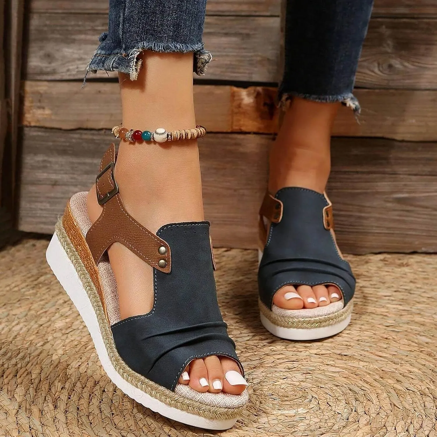 Womens Espadrille Wedge Sandals Open Toe Platform Fish Mouth Ankle Strap Slingback Summer Dress Shoes Bohemia Comfortable