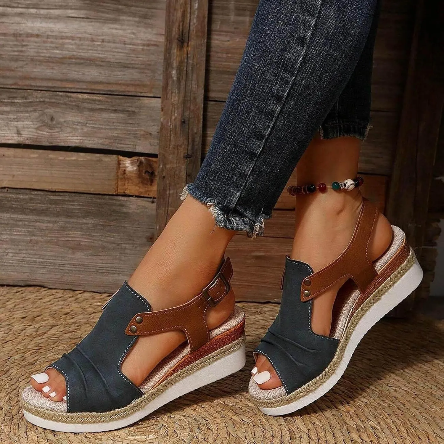 Womens Espadrille Wedge Sandals Open Toe Platform Fish Mouth Ankle Strap Slingback Summer Dress Shoes Bohemia Comfortable