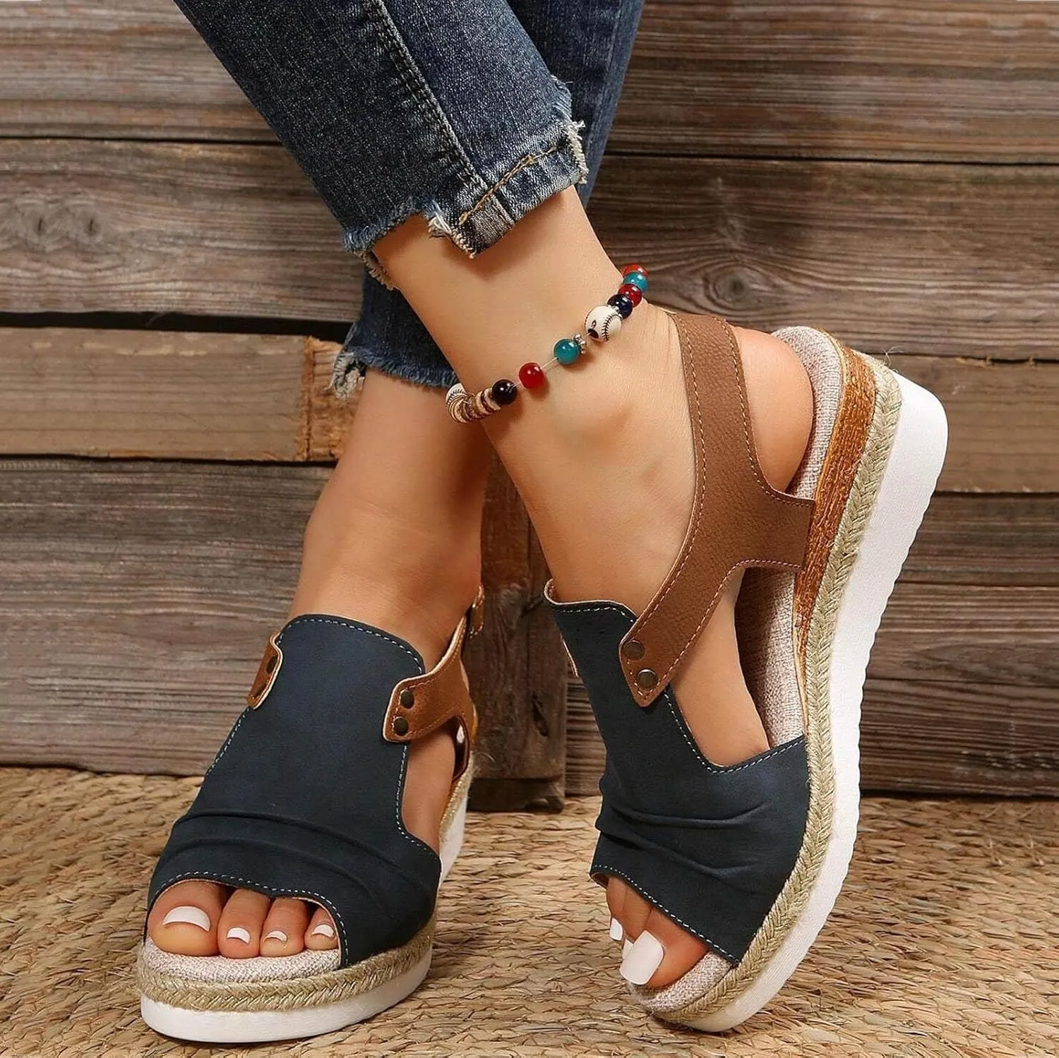Womens Espadrille Wedge Sandals Open Toe Platform Fish Mouth Ankle Strap Slingback Summer Dress Shoes Bohemia Comfortable