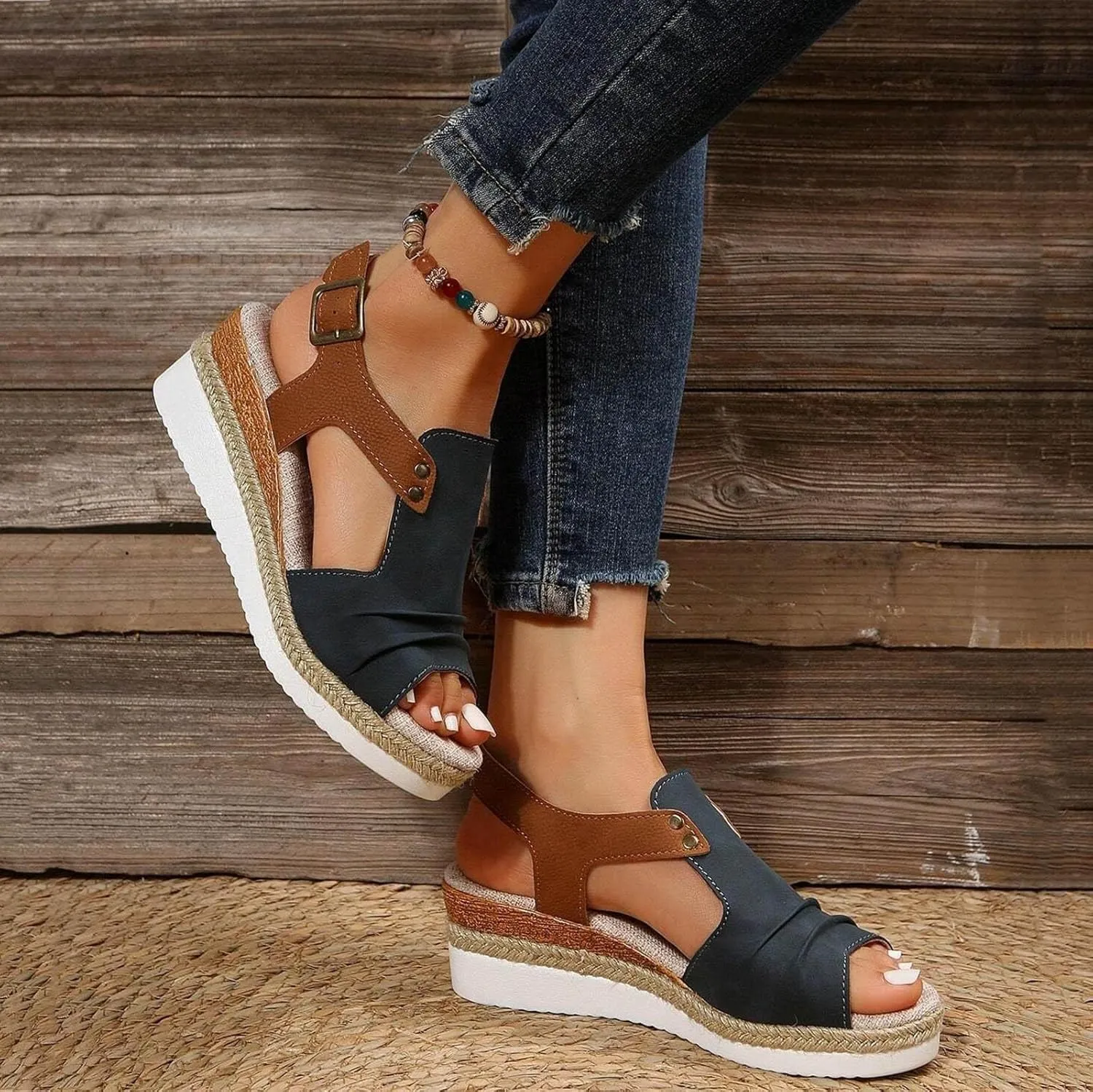 Womens Espadrille Wedge Sandals Open Toe Platform Fish Mouth Ankle Strap Slingback Summer Dress Shoes Bohemia Comfortable