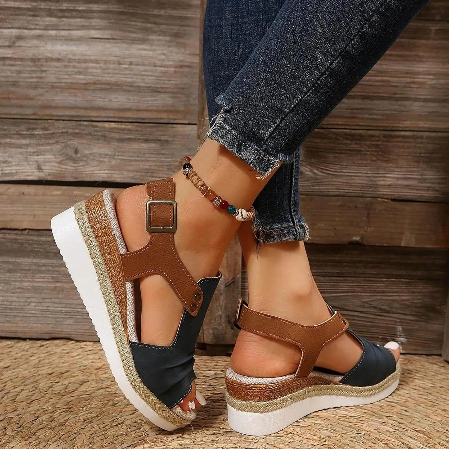 Womens Espadrille Wedge Sandals Open Toe Platform Fish Mouth Ankle Strap Slingback Summer Dress Shoes Bohemia Comfortable