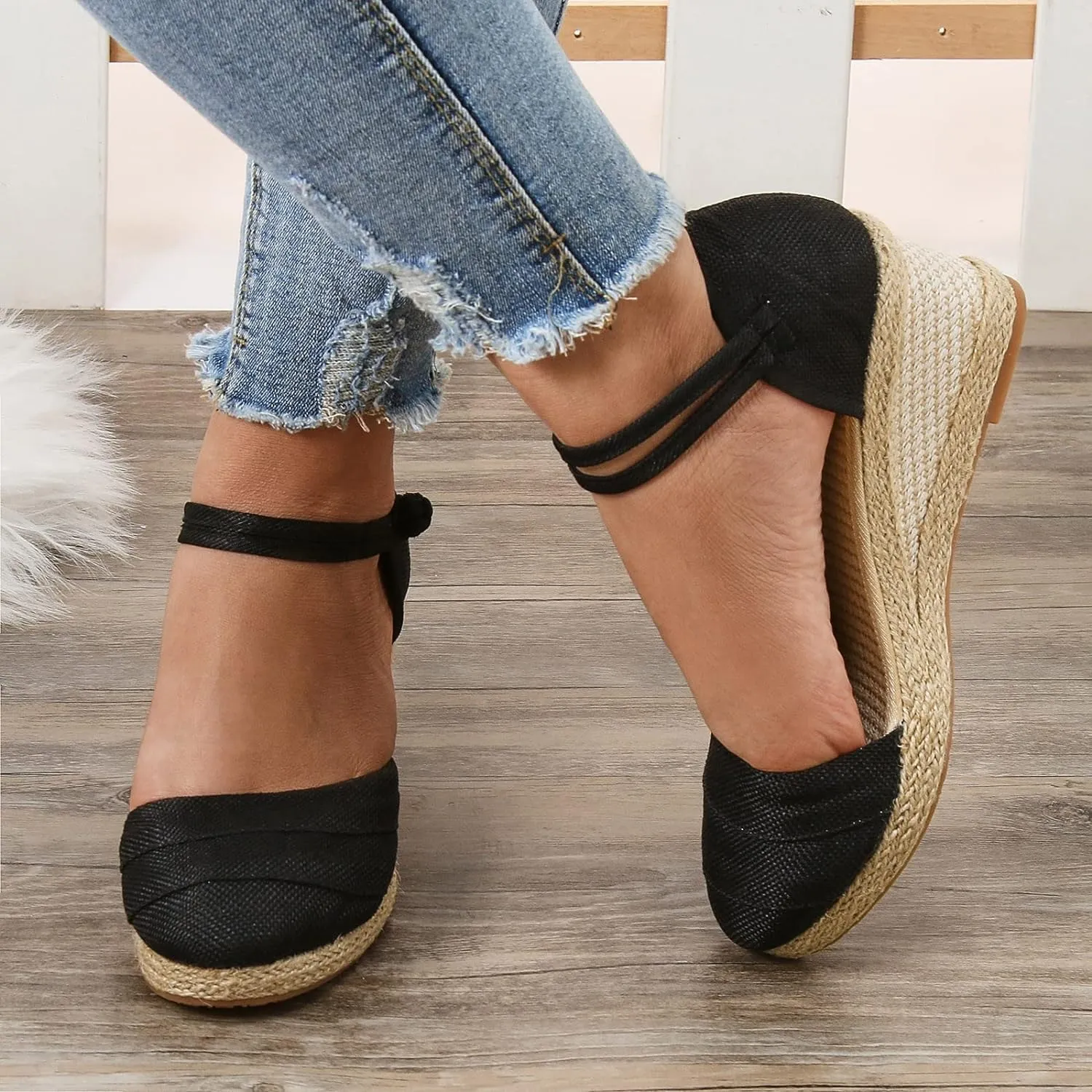 Women's Espadrilles Closed Toe Wedges Heels Sandals, Womens Close Toed Platform Wedge Shoes Comfortable Low Heel Canvas Dress Sandal for Outdoor Summer Beach with Ankle Strap