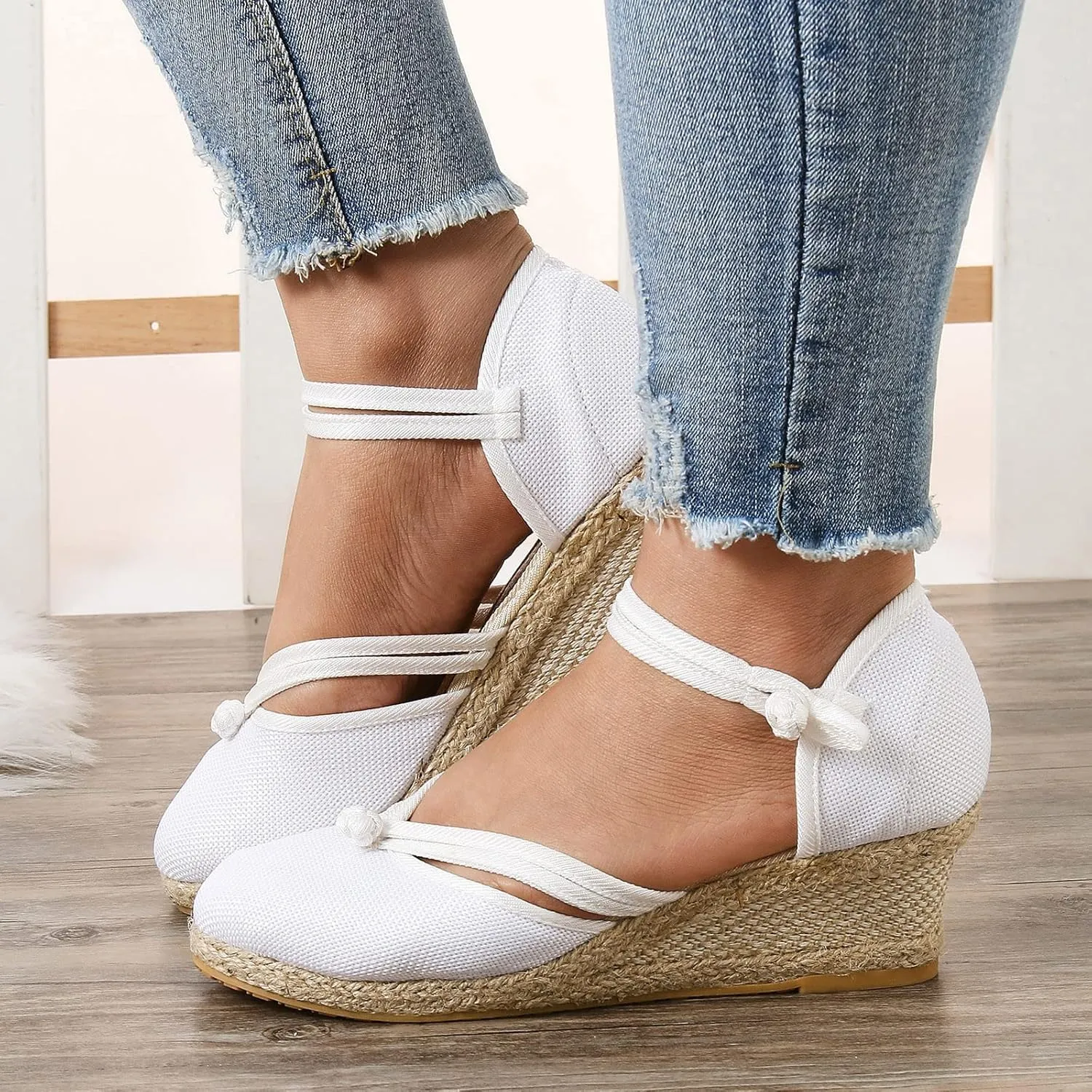 Women's Espadrilles Closed Toe Wedges Heels Sandals, Womens Close Toed Platform Wedge Shoes Comfortable Low Heel Canvas Dress Sandal for Outdoor Summer Beach with Ankle Strap