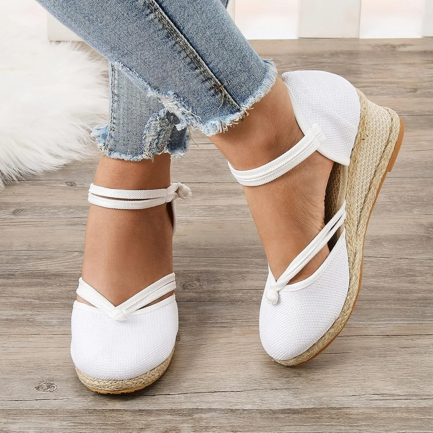 Women's Espadrilles Closed Toe Wedges Heels Sandals, Womens Close Toed Platform Wedge Shoes Comfortable Low Heel Canvas Dress Sandal for Outdoor Summer Beach with Ankle Strap