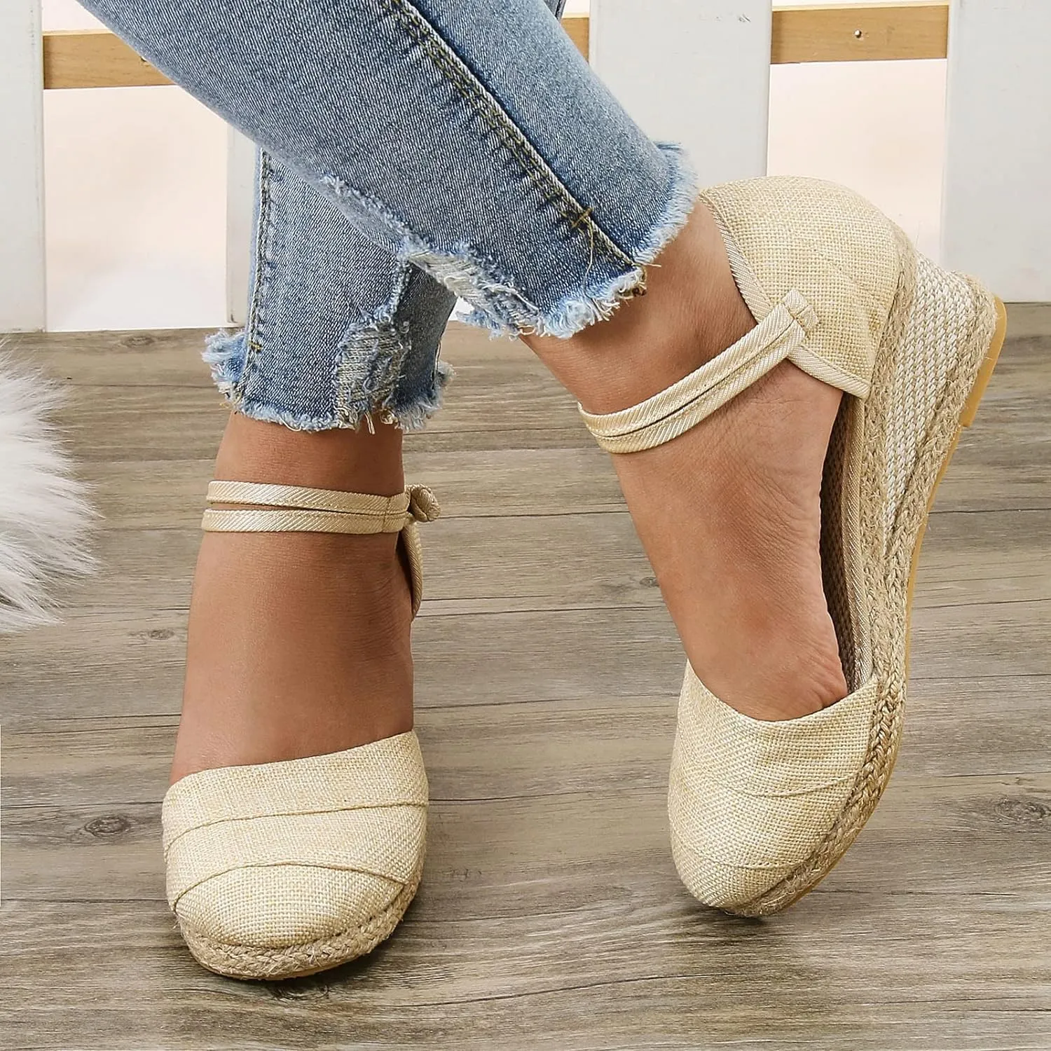 Women's Espadrilles Closed Toe Wedges Heels Sandals, Womens Close Toed Platform Wedge Shoes Comfortable Low Heel Canvas Dress Sandal for Outdoor Summer Beach with Ankle Strap