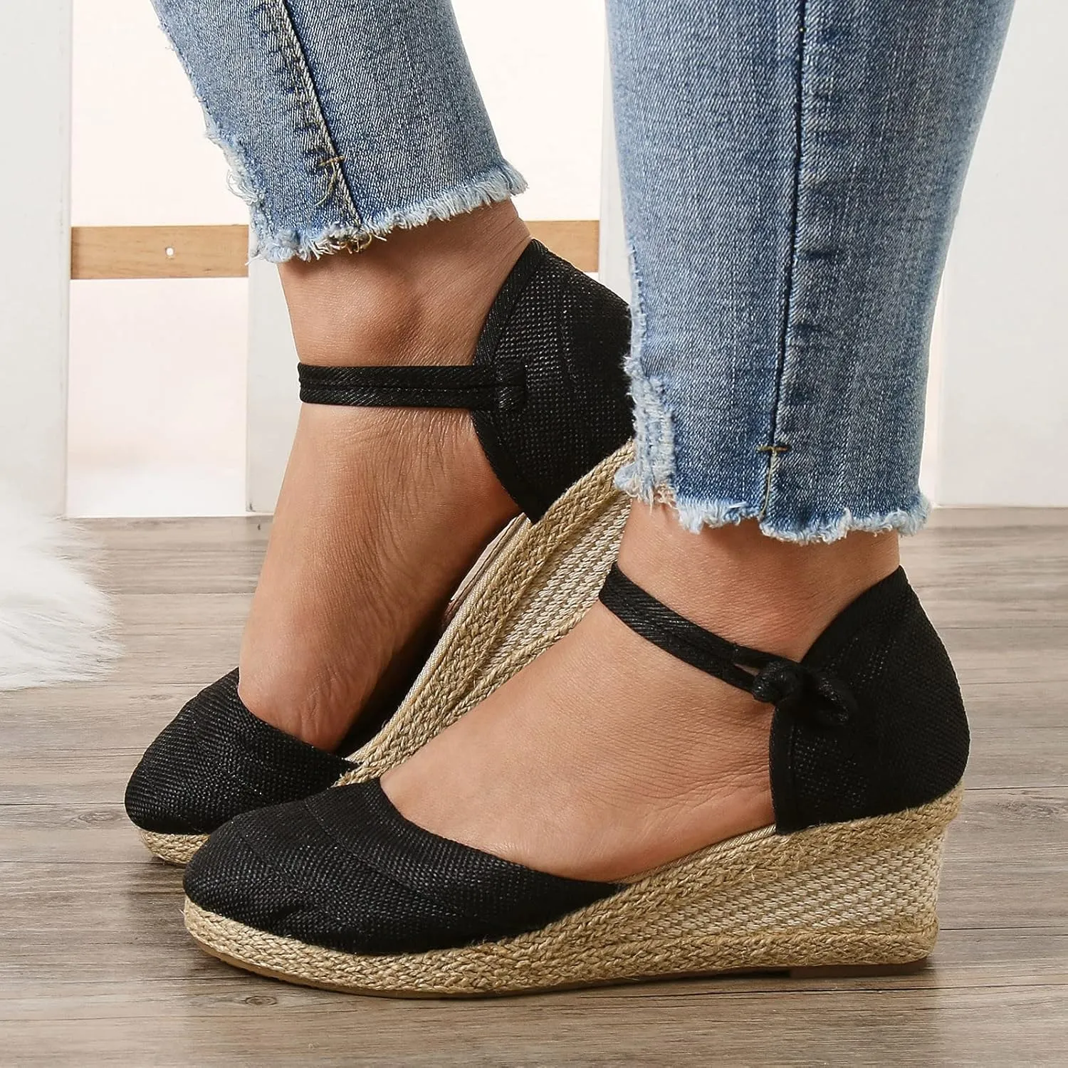 Women's Espadrilles Closed Toe Wedges Heels Sandals, Womens Close Toed Platform Wedge Shoes Comfortable Low Heel Canvas Dress Sandal for Outdoor Summer Beach with Ankle Strap