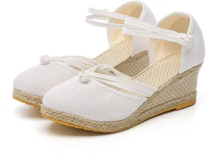 Women's Espadrilles Closed Toe Wedges Heels Sandals, Womens Close Toed Platform Wedge Shoes Comfortable Low Heel Canvas Dress Sandal for Outdoor Summer Beach with Ankle Strap