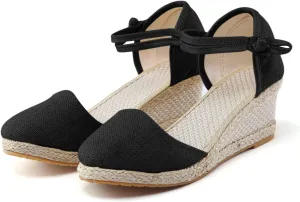 Women's Espadrilles Closed Toe Wedges Heels Sandals, Womens Close Toed Platform Wedge Shoes Comfortable Low Heel Canvas Dress Sandal for Outdoor Summer Beach with Ankle Strap
