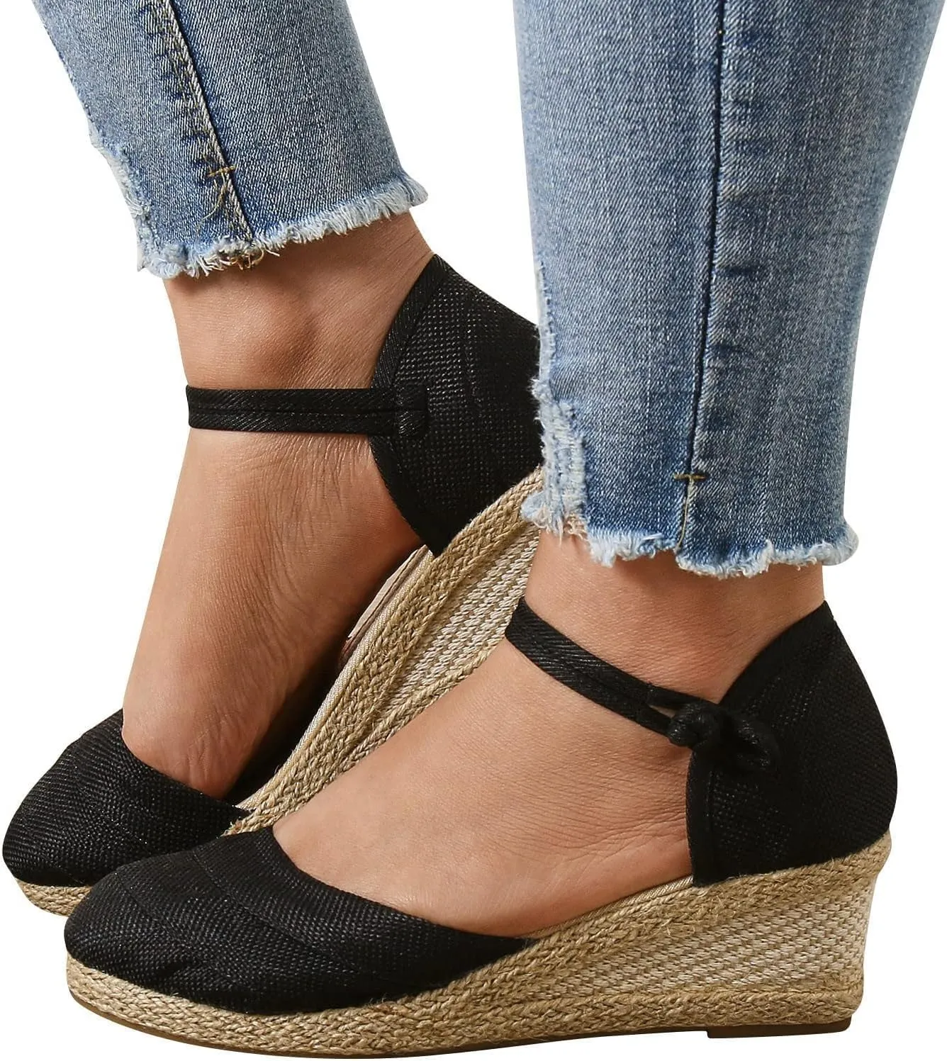 Women's Espadrilles Closed Toe Wedges Heels Sandals, Womens Close Toed Platform Wedge Shoes Comfortable Low Heel Canvas Dress Sandal for Outdoor Summer Beach with Ankle Strap