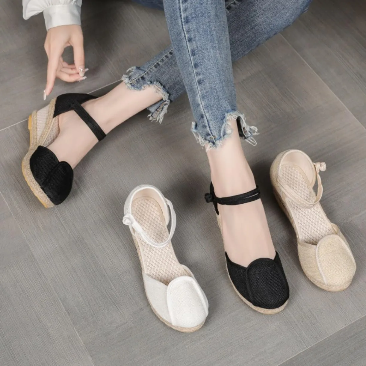 Women's Espadrilles Wedge Sandals Platform Closed Toe Ankle Strap Lace Up Summer Shoes Espadrille Heels Wedges for Women Bohemian Canvas