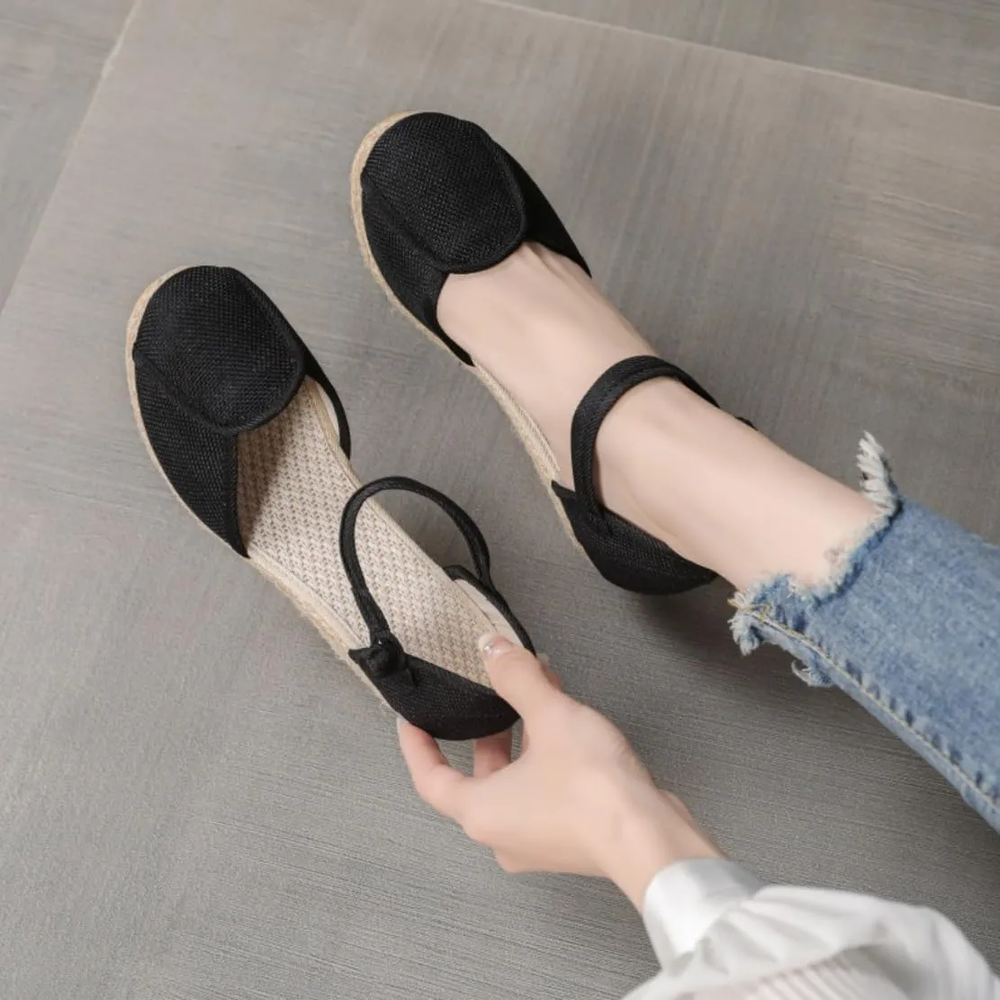 Women's Espadrilles Wedge Sandals Platform Closed Toe Ankle Strap Lace Up Summer Shoes Espadrille Heels Wedges for Women Bohemian Canvas