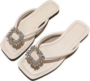 Women's Fashion Leather Flat Flip Flops with Sparkly Rhinestone Summer Comfortable Clip Toe Beach Pool Sandals for Holiday Party Dinner Cute Sandal