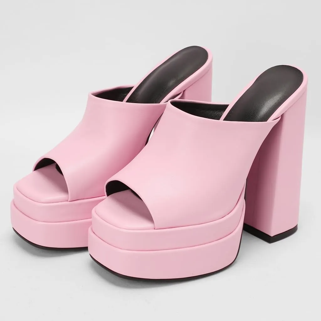 Women's Fashion Platform Chunky Block High Heels Sandals Peep Toe Slip On Mules Dressy Heeled Sandal