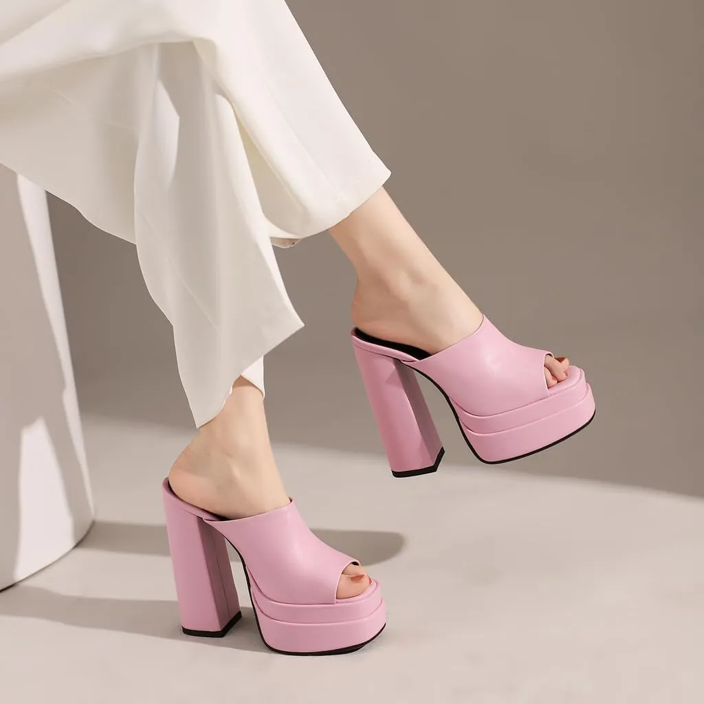 Women's Fashion Platform Chunky Block High Heels Sandals Peep Toe Slip On Mules Dressy Heeled Sandal