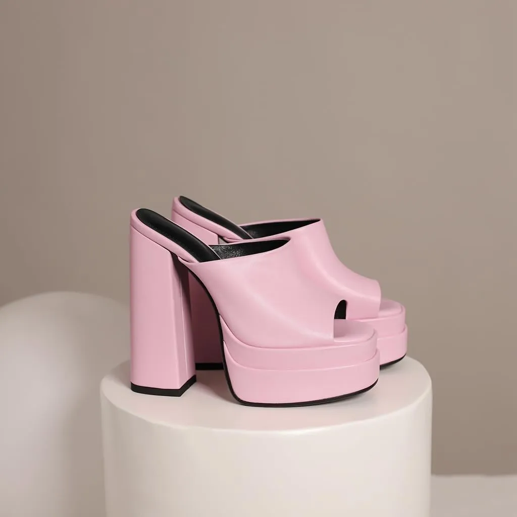 Women's Fashion Platform Chunky Block High Heels Sandals Peep Toe Slip On Mules Dressy Heeled Sandal