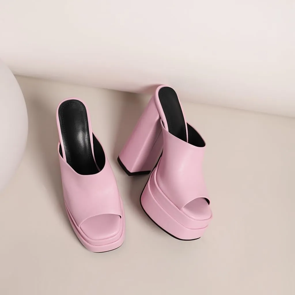 Women's Fashion Platform Chunky Block High Heels Sandals Peep Toe Slip On Mules Dressy Heeled Sandal