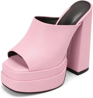 Women's Fashion Platform Chunky Block High Heels Sandals Peep Toe Slip On Mules Dressy Heeled Sandal