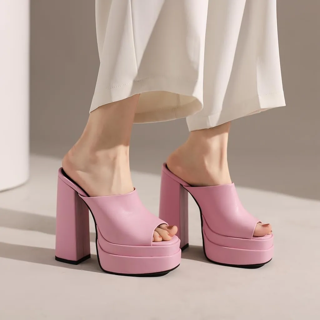 Women's Fashion Platform Chunky Block High Heels Sandals Peep Toe Slip On Mules Dressy Heeled Sandal