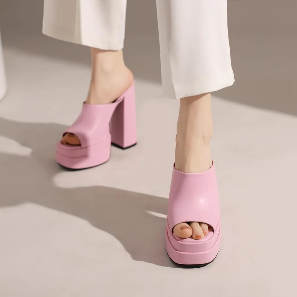 Women's Fashion Platform Chunky Block High Heels Sandals Peep Toe Slip On Mules Dressy Heeled Sandal