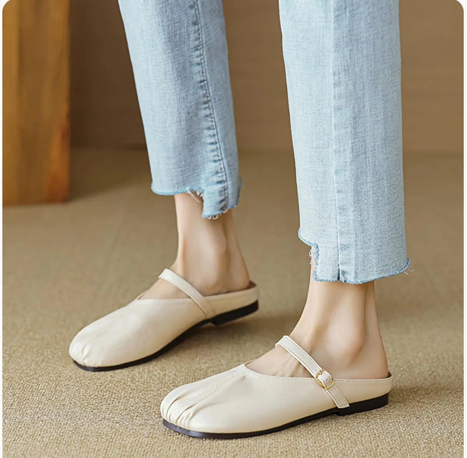 Women's Fashion Pleated Baotou Genuine Leather Flat Mule Shoes Casual Comfort Non-Slip Buckle Round Toe Half Slippers