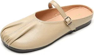Women's Fashion Pleated Baotou Genuine Leather Flat Mule Shoes Casual Comfort Non-Slip Buckle Round Toe Half Slippers