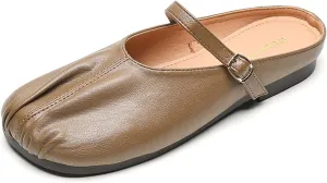 Women's Fashion Pleated Baotou Genuine Leather Flat Mule Shoes Casual Comfort Non-Slip Buckle Round Toe Half Slippers