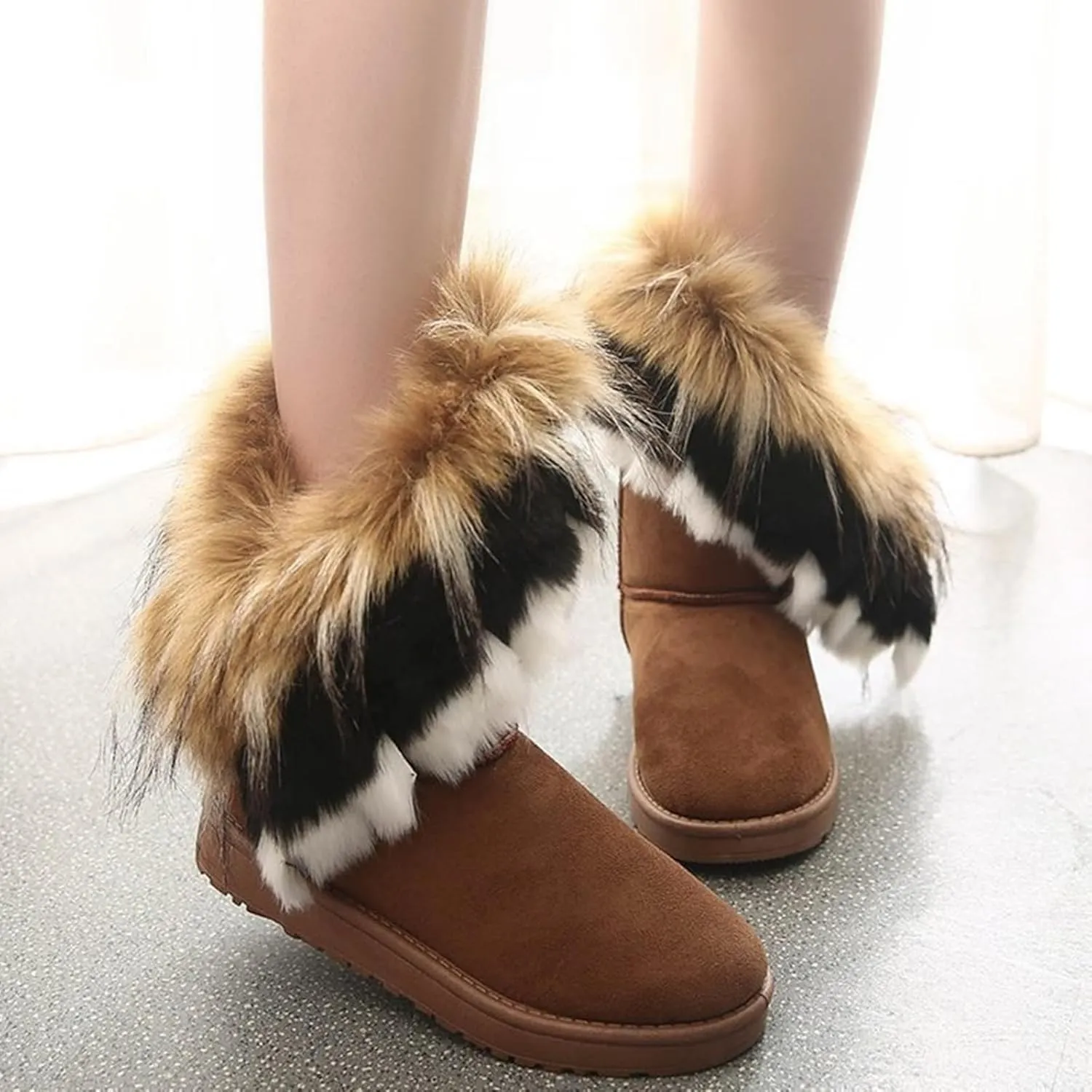 Women's Faux Fur Winter Snow Boot Suede Furry Fluffy Short Ankle Boots Warm Comfortable Outdoor Flat Mid-Calf Boots