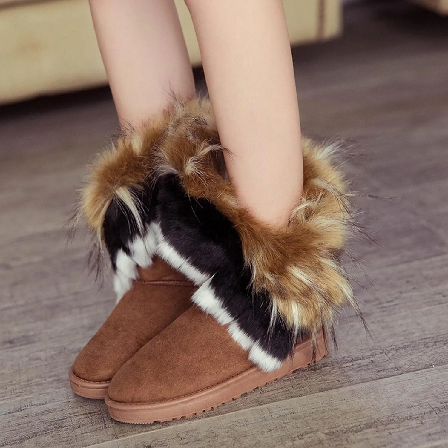 Women's Faux Fur Winter Snow Boot Suede Furry Fluffy Short Ankle Boots Warm Comfortable Outdoor Flat Mid-Calf Boots