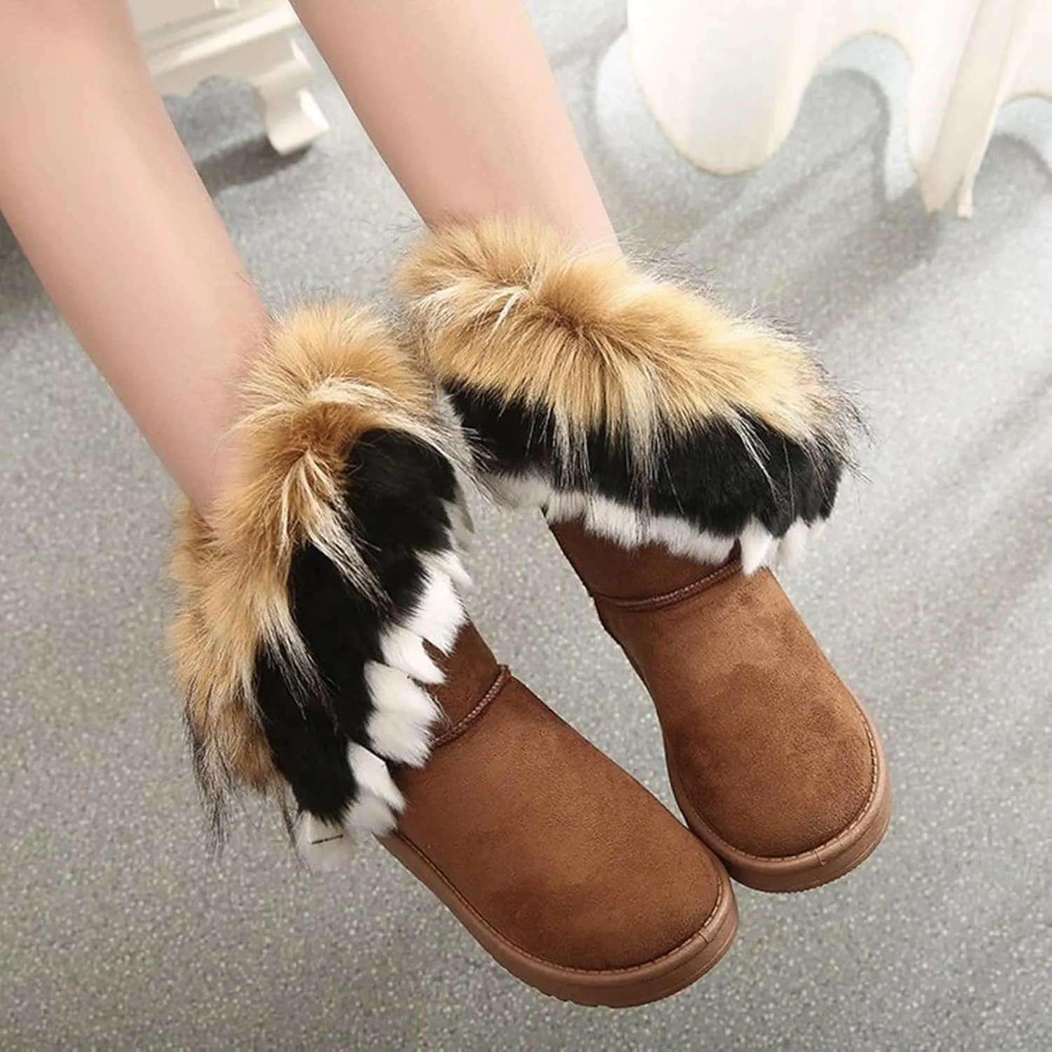 Women's Faux Fur Winter Snow Boot Suede Furry Fluffy Short Ankle Boots Warm Comfortable Outdoor Flat Mid-Calf Boots