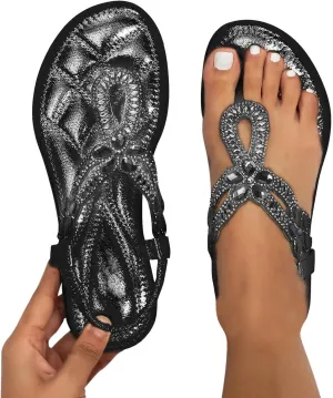 Women's Flat Sandals Boho Summer Rhinestone Beach Sandals，Womens Sandals Flip Flops Slipper Ankle Elastic T-Strap Flower Crystal Bohemia Shoes