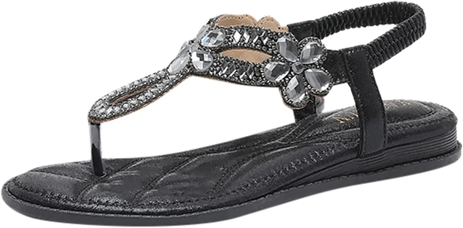 Women's Flat Sandals Boho Summer Rhinestone Beach Sandals，Womens Sandals Flip Flops Slipper Ankle Elastic T-Strap Flower Crystal Bohemia Shoes