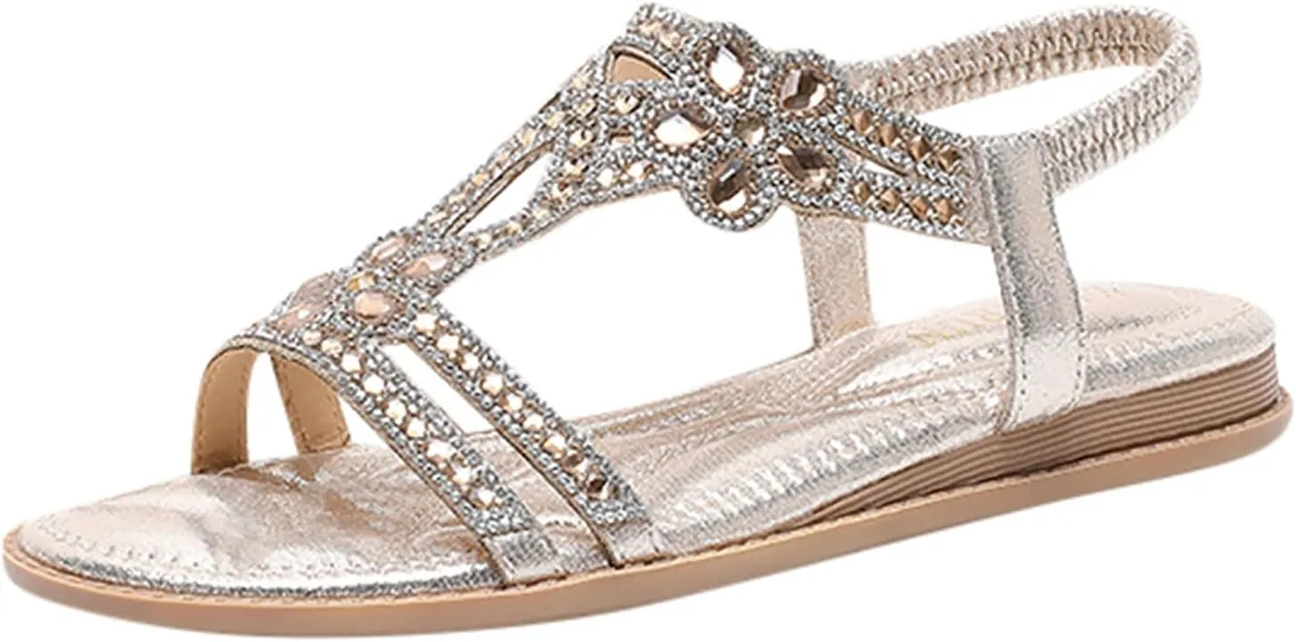 Women's Flat Sandals Boho Summer Rhinestone Beach Sandals，Womens Sandals Flip Flops Slipper Ankle Elastic T-Strap Flower Crystal Bohemia Shoes