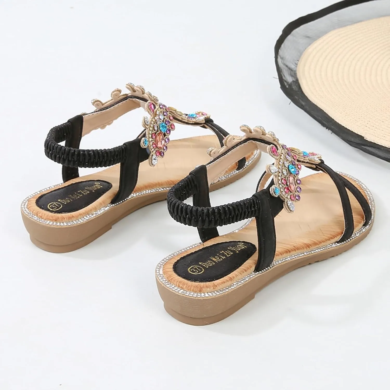Womens Flat Sandals Dressy Shoes: Summer Comfortable Rhinestone Beach Walking Sandal - Strappy Glitter Rhinestones Sparkle Flip Flops Sexy Shoe