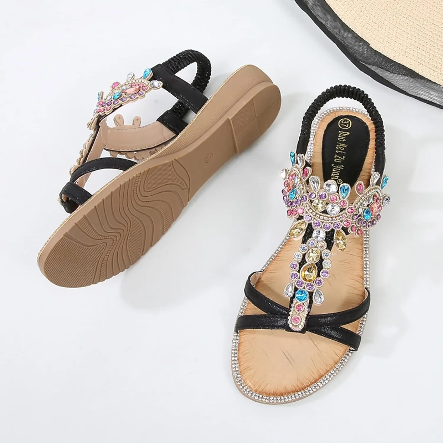 Womens Flat Sandals Dressy Shoes: Summer Comfortable Rhinestone Beach Walking Sandal - Strappy Glitter Rhinestones Sparkle Flip Flops Sexy Shoe