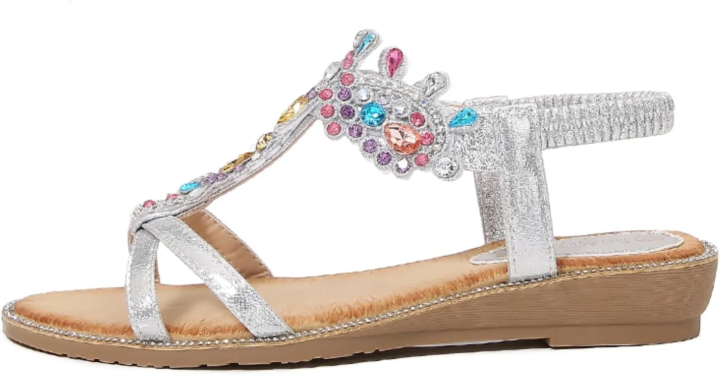Womens Flat Sandals Dressy Shoes: Summer Comfortable Rhinestone Beach Walking Sandal - Strappy Glitter Rhinestones Sparkle Flip Flops Sexy Shoe