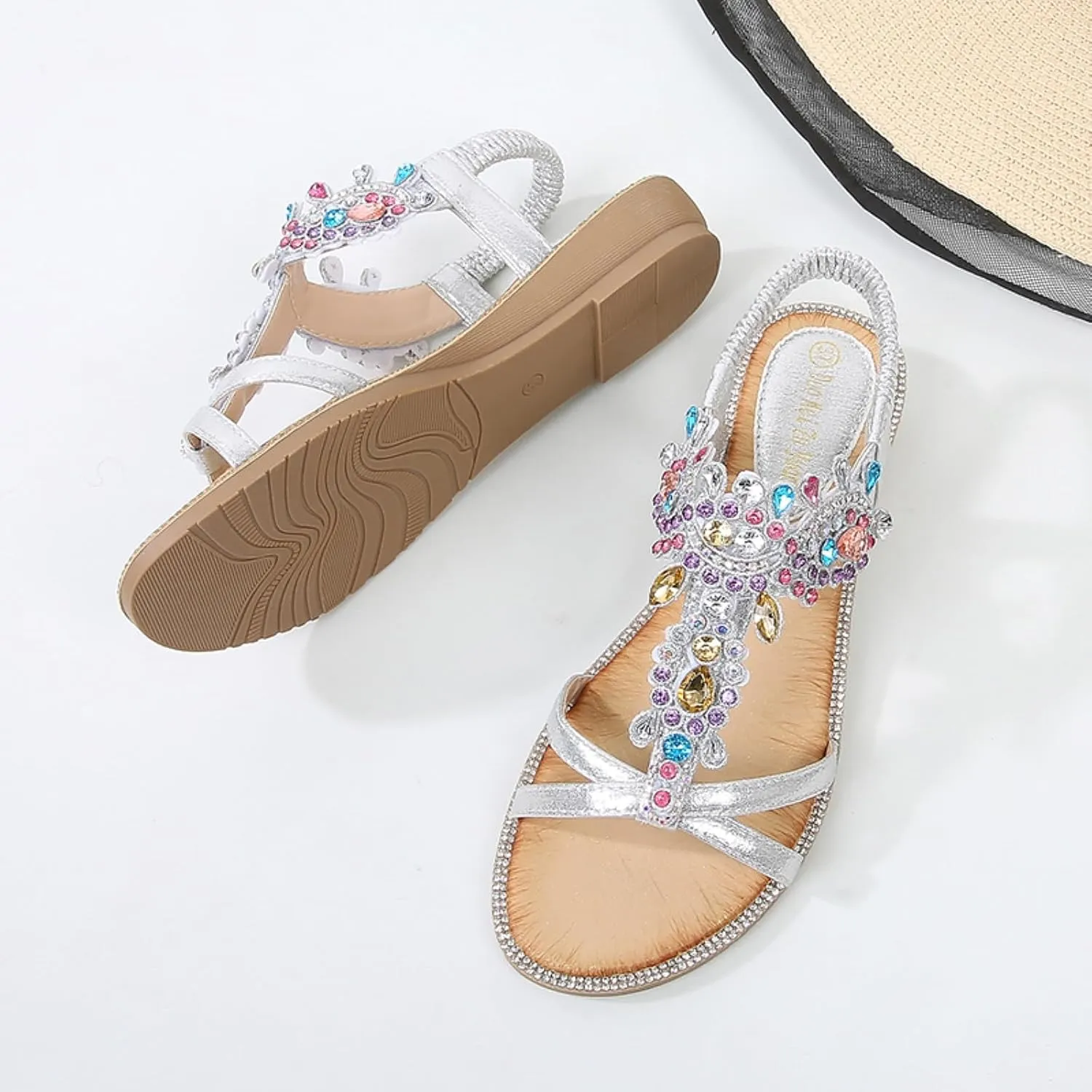 Womens Flat Sandals Dressy Shoes: Summer Comfortable Rhinestone Beach Walking Sandal - Strappy Glitter Rhinestones Sparkle Flip Flops Sexy Shoe