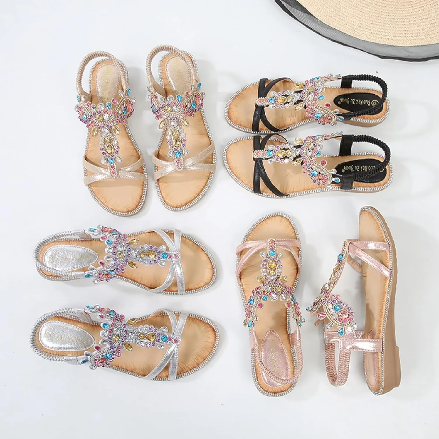 Womens Flat Sandals Dressy Shoes: Summer Comfortable Rhinestone Beach Walking Sandal - Strappy Glitter Rhinestones Sparkle Flip Flops Sexy Shoe
