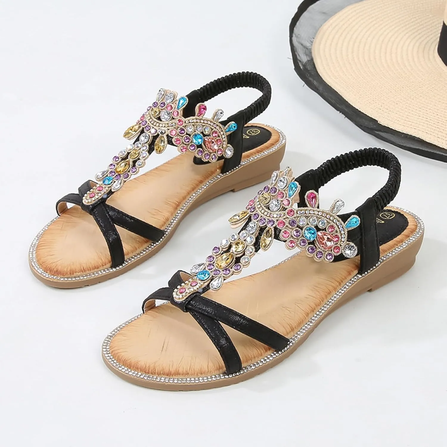 Womens Flat Sandals Dressy Shoes: Summer Comfortable Rhinestone Beach Walking Sandal - Strappy Glitter Rhinestones Sparkle Flip Flops Sexy Shoe