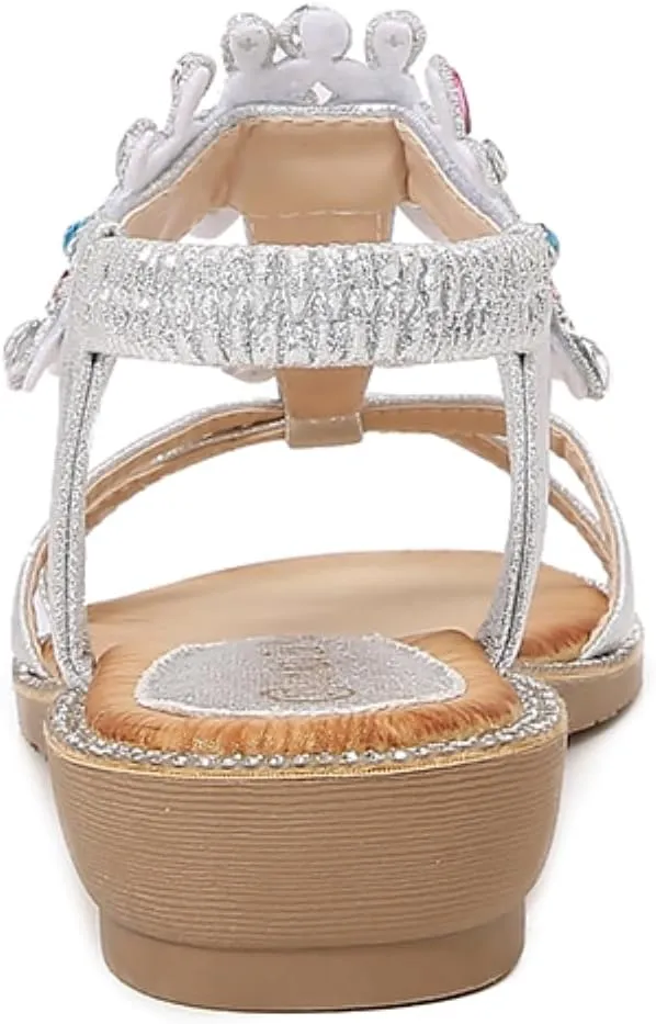 Womens Flat Sandals Dressy Shoes: Summer Comfortable Rhinestone Beach Walking Sandal - Strappy Glitter Rhinestones Sparkle Flip Flops Sexy Shoe
