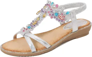 Womens Flat Sandals Dressy Shoes: Summer Comfortable Rhinestone Beach Walking Sandal - Strappy Glitter Rhinestones Sparkle Flip Flops Sexy Shoe