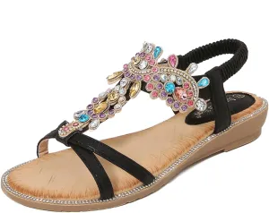 Womens Flat Sandals Dressy Shoes: Summer Comfortable Rhinestone Beach Walking Sandal - Strappy Glitter Rhinestones Sparkle Flip Flops Sexy Shoe