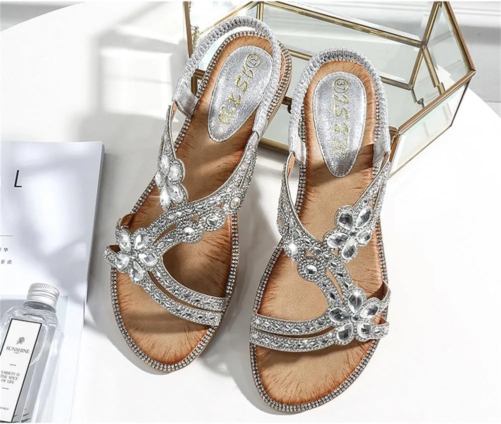Women's Flat Sandals Summer Beach Sandal T-Strap Rhinestone Beaded Bohemia Shoes
