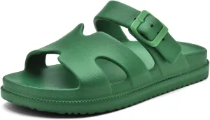 Women's Flat Sandals with Arch Support, Summer Beach Slides Adjustable Buckle, Comfort Lightweight Cushion Slip on H-Strap Sandal