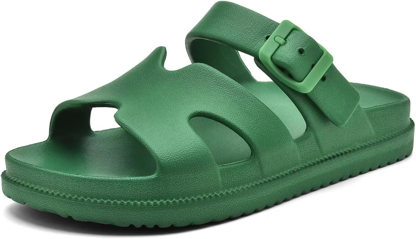 Women's Flat Sandals with Arch Support, Summer Beach Slides Adjustable Buckle, Comfort Lightweight Cushion Slip on H-Strap Sandal